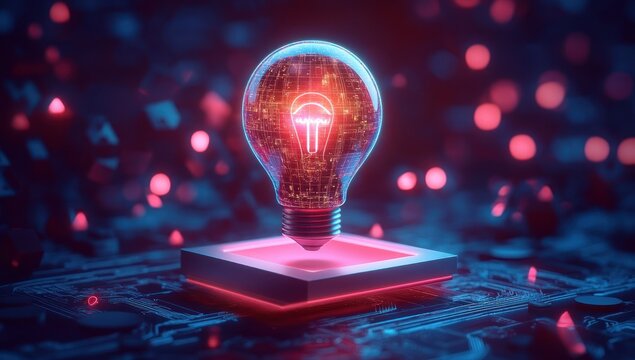Glowing digital light bulb floating above a futuristic microchip platform surrounded by vibrant pink and blue bokeh lights symbolizing innovation and technology