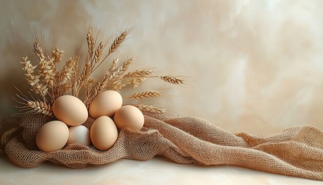 Still life composition with six brown eggs resting on coarse burlap fabric alongside dried wheat stalks against a softly lit beige background