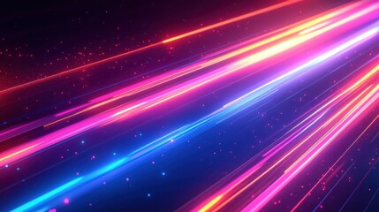 Bright glowing neon light streaks in pink, purple, blue, and orange colors moving diagonally against a dark starry background, creating a dynamic and energetic atmosphere