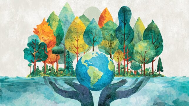 Corporate social responsibility illustration flat design front view sustainability theme water color vivid.