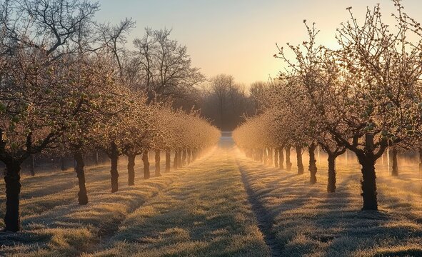 Sunrise illuminating rows of blooming fruit trees in a frosty orchard with soft mist and clear morning sky