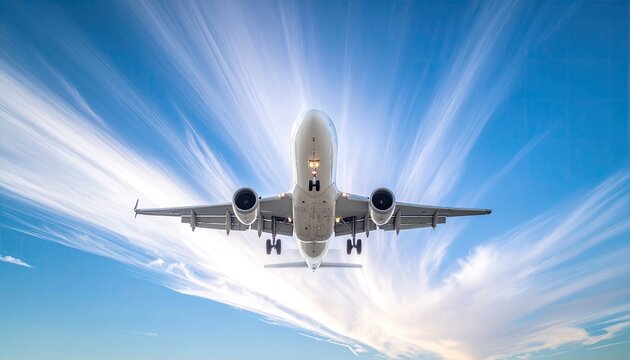 Commercial airplane flying directly overhead against a bright blue sky with wispy white clouds during the day with sun glinting off the fuselage and wings