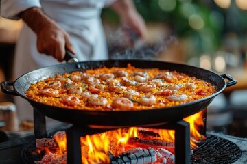 A person cooking shrimp paella on an open flame with vibrant orange rice and steam rising, showcasing a rustic and appetizing cooking moment