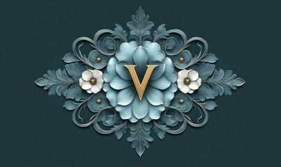 Ornate floral design with symmetrical blue and white flowers, elaborate leaves, swirls and gold accents featuring a central golden letter V conveying elegance and sophistication