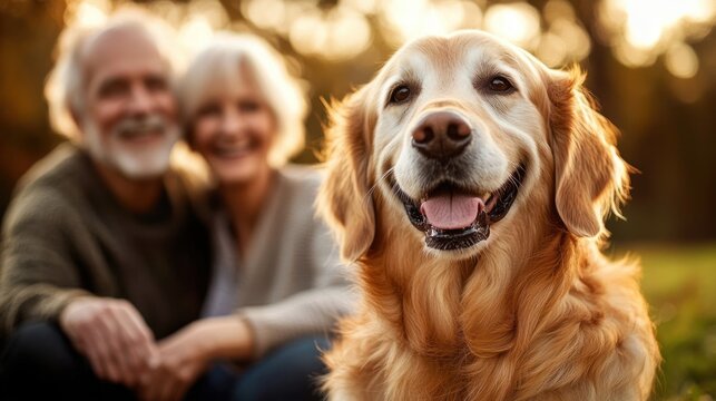 happy golden retriever dog sitting outdoors with a smiling elderly couple in the background during golden hour