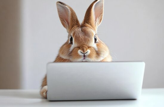 Cute brown rabbit sitting behind a silver laptop with curious eyes in a bright minimalist setting