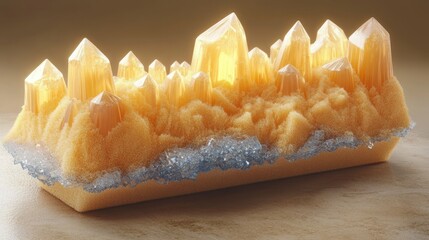 Cluster of translucent yellow crystals with a textured, granular yellow base and a thin layer of blue crystalline formations beneath, illuminated softly against a neutral background