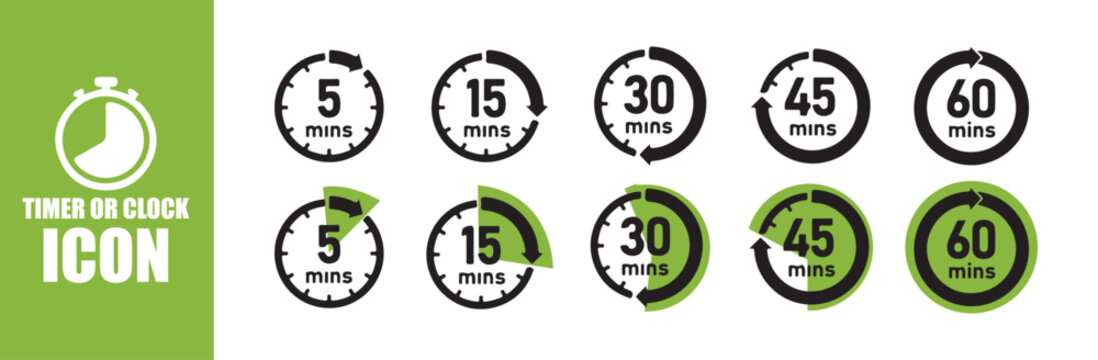 Minutes Countdown Timer Icon Set. Timer, clock, stopwatch of 5, 10, 15, 20, 25, 30, 35, 40, 45, 50, 55 min and 1 hour isolated set icons. Vector Illustration