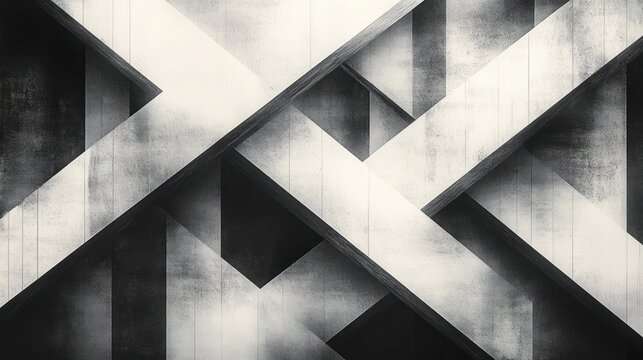 abstract architectural structure featuring intersecting diagonal beams and shadows creating geometric patterns in black and white - Powered by Adobe