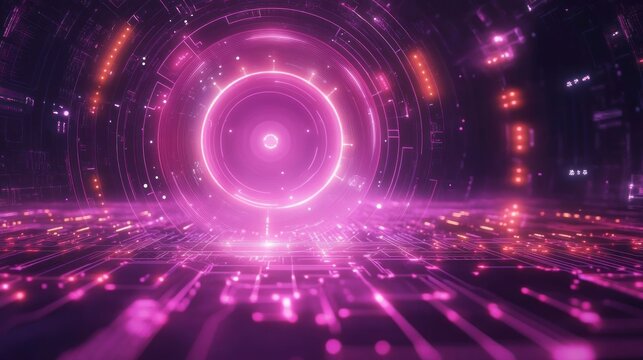 Futuristic glowing purple and pink circular technology interface with digital circuit patterns radiating light beams in a dark space