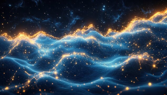 Abstract glowing network waves with interconnected blue mesh and golden light nodes creating a futuristic and dynamic digital landscape under a dark starry sky