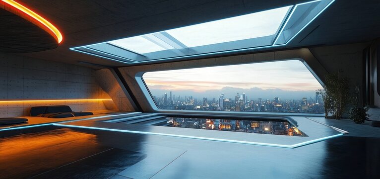 Futuristic interior room with sleek minimalistic design, large panoramic window revealing a vibrant city skyline at dusk, illuminated by soft ambient lighting