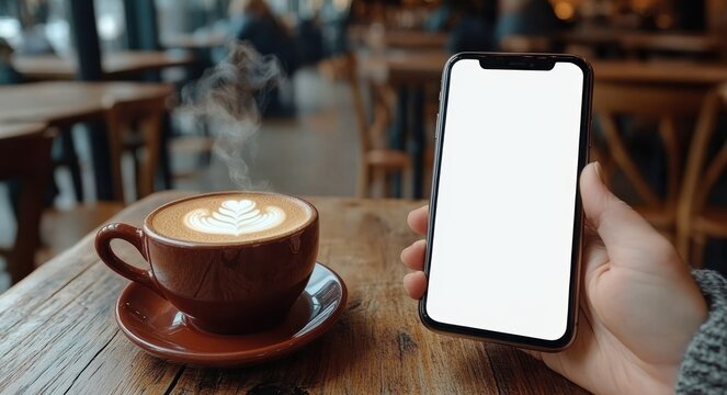 Person holding smartphone with blank screen near a steaming cup of latte with leaf latte art on wooden table inside cozy cafe