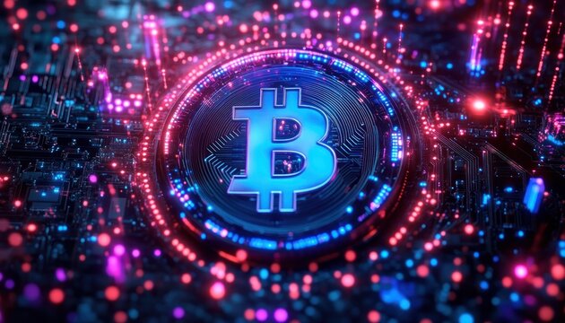 Glowing bitcoin symbol embedded in high-tech circuit board with vibrant pink and blue digital lights surrounding it