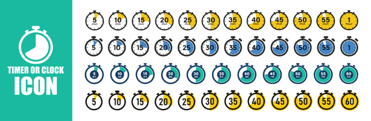 Timer and Clock Icon Set. Stopwatch Timer Icons Set, Countdown and Time Management Concept. Vector Illustration eps 10