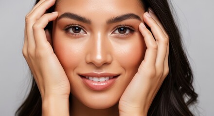 Fototapeta premium Young woman holding her forehead with smooth skin and natural makeup closeup portrait