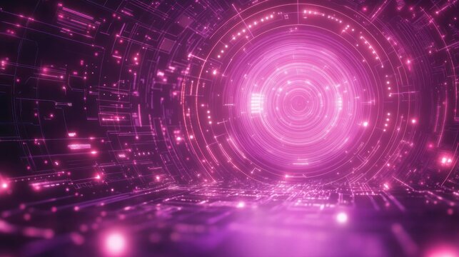Bright pink and purple digital tunnel with circular glowing patterns and scattered light dots creating a futuristic and immersive technology environment