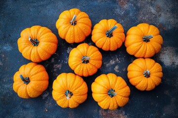 A collection of ten small bright orange pumpkins arranged in a loose circle on a dark textured surface