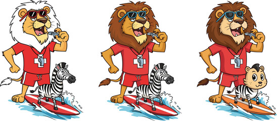 Funny lion lifeguard cartoon character with zebra surfing on ocean wave, animal summer beach illustration, tropical sea rescue team artwork, vector