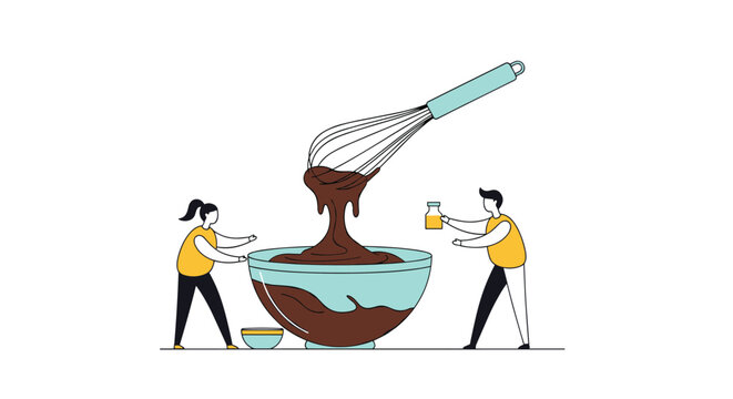 Two people collaboratively whisking thick chocolate batter in a large mixing bowl, enjoying the process of home baking.