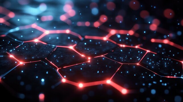 Close-up of a glowing hexagonal network pattern with red illuminated edges and scattered blue light particles creating a futuristic and high-tech atmosphere