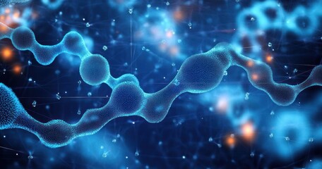 Abstract blue molecular chain with spherical particles connected in a flowing structure and glowing orange nodes in a dark blue network background