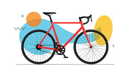 Fototapeta premium A vibrant red road bicycle with abstract shapes in the background, featuring a modern flat design style.