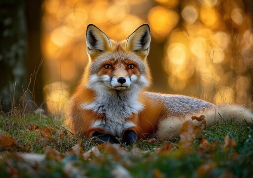 Calm red fox resting on autumn forest ground with golden bokeh light background