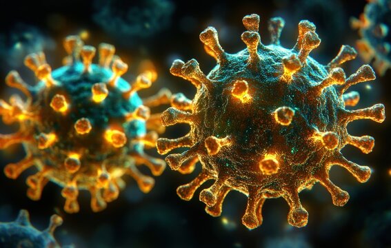 Close-up microscopic view of virus particles with detailed surface protein spikes glowing against a dark background, conveying a sense of biological complexity