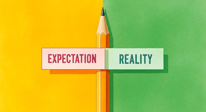 A pencil divides a yellow and green background with the words expectation and reality written on it