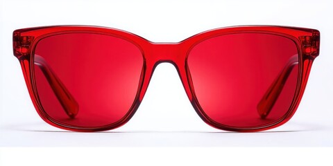 Close-up of stylish red sunglasses with thick transparent red frames and red tinted lenses on a white background