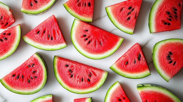 Bright red watermelon slices with green rind and black seeds arranged on a white surface in a scattered pattern, evoking freshness and summer vibes