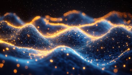 Abstract digital landscape of illuminated network waves with blue grid lines and glowing orange nodes creating a futuristic data visualization effect