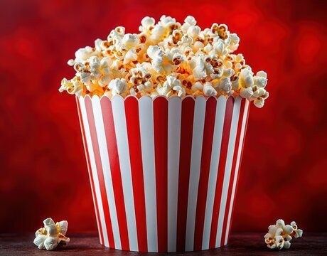 Full bucket of freshly popped popcorn in red and white striped container on dark surface with bright red background