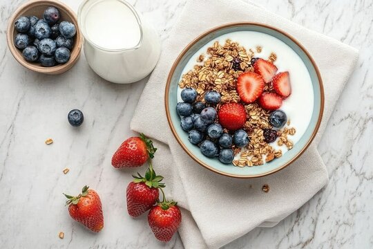 Bowl of granola with strawberries and blueberries in yogurt with a small pitcher of milk and additional berries on a white marble surface