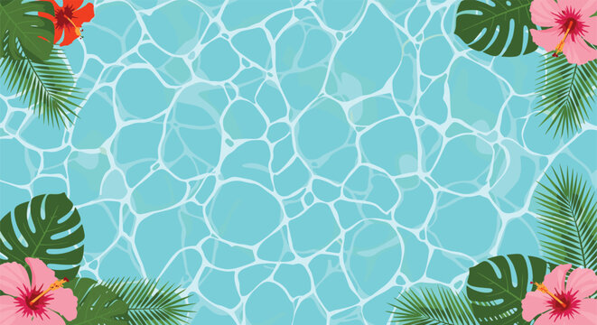 Top-down view of a clear blue water surface with sun reflections, framed by vibrant tropical leaves and hibiscus flowers, perfect for a summer theme.