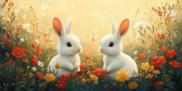 Two white rabbits sitting in a colorful meadow filled with vibrant red, yellow, and white flowers under warm glowing light