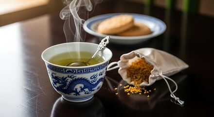 Steaming Chinese green tea in a prestigious Dragon-painted porcelain cup with a tea infuser, served with dried bee pollen and almond cookies. Imperial-style tea service, high elegance.