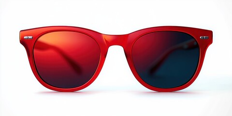 Close-up of stylish red sunglasses with reflective tinted lenses against a plain white background, showcasing modern design and vibrant colors