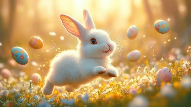 cute white bunny hopping through a sunlit meadow filled with small white and yellow flowers with colorful decorative eggs floating in the air around it