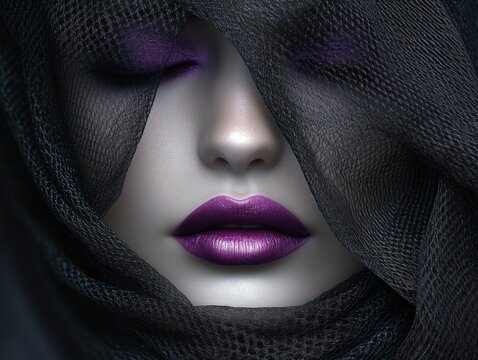 Close-up of a woman&rsquo;s face covered with black mesh fabric showing purple eyeshadow and matching purple lipstick with closed eyes expressing mystery and elegance