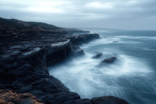 Dark rocky coastline under cloudy sky with misty ocean waves crashing against jagged cliffs creating a moody and dramatic seascape