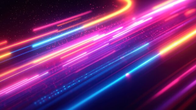dynamic neon light trails streaking across a dark background creating a vibrant sense of movement and energy with glowing pink, blue, purple, and yellow colors