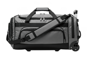 Grey rolling duffel bag with telescopic handle and shoulder strap isolated on transparent background