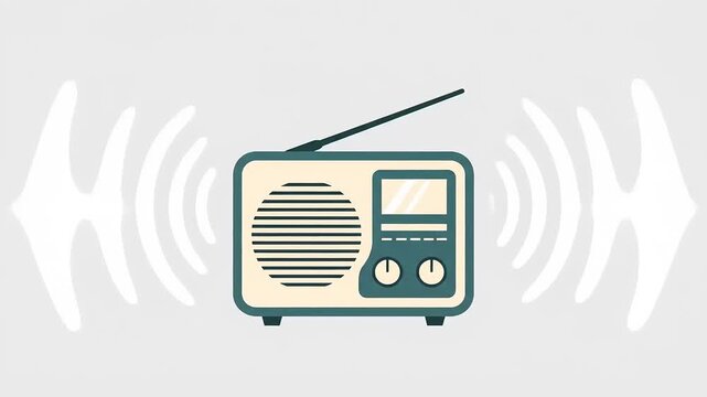 Vintage radio receiver broadcasting sound waves on a light gray background.