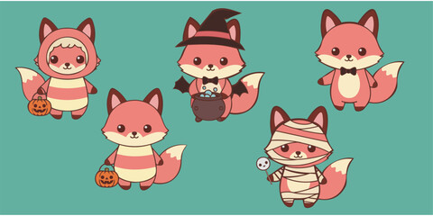 Obraz premium chibi fox cat mummy witch costume sticker set