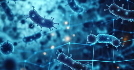 Close-up view of blue microscopic bacteria with spiky projections floating in a blurred cellular environment with glowing network connections