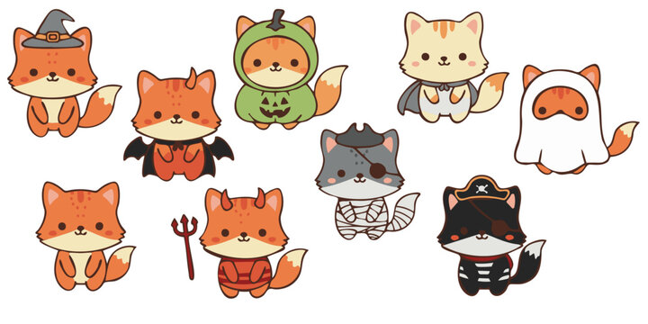 Cute Kawaii Cat Fox Halloween Costume Sticker Set