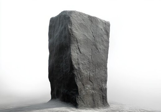 Large monolithic rough stone block standing upright on a flat surface with a misty background creating a mysterious and solemn atmosphere