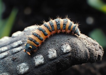 close-up of a colorful orange and black striped caterpillar with spines crawling on a textured dark surface outdoors